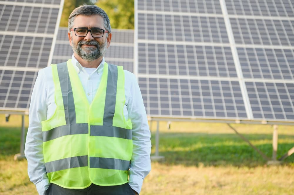 Équipe d'installateurs photovoltaïques professionnels sur chantier entreprise